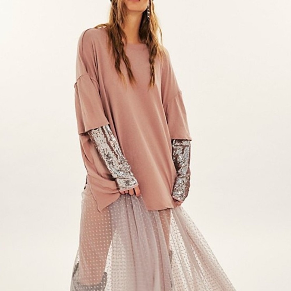 Free People Nellie Twofer Pink Oversized Top with Sequin Sleeves size large
